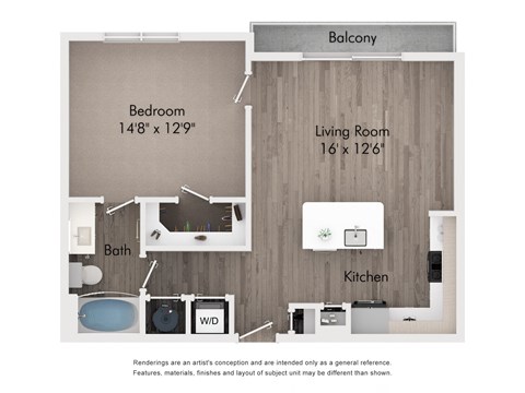 Floor plan for 1 bed, 1 bath, 735 sqft